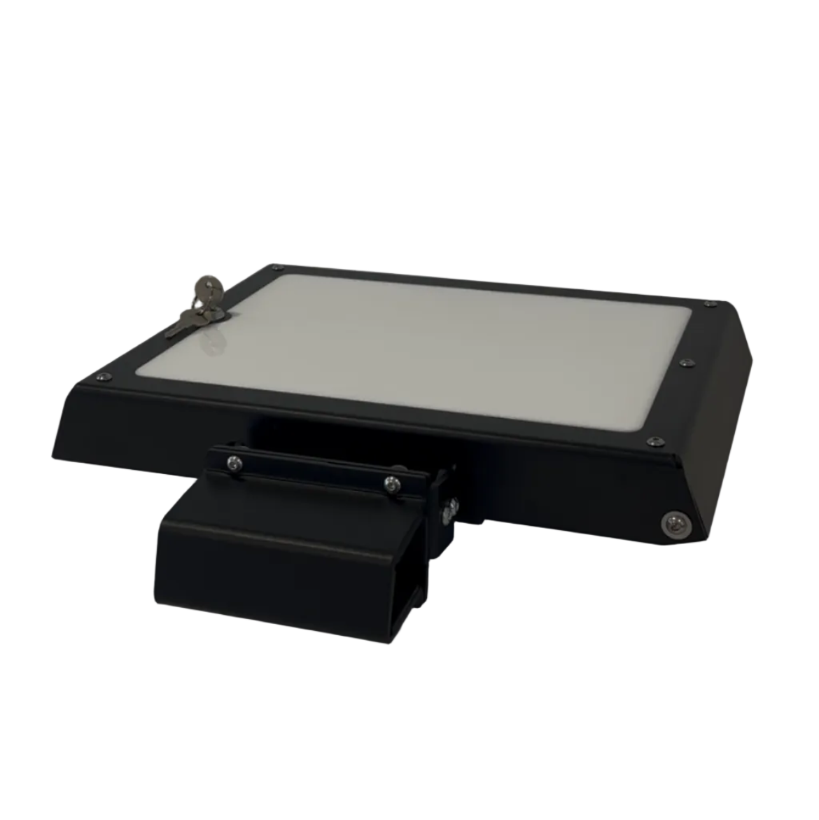 Next-Gen Ranger roof rail clamp attached to a black Kettle Customs Starlink Mini enclosure, front angled view