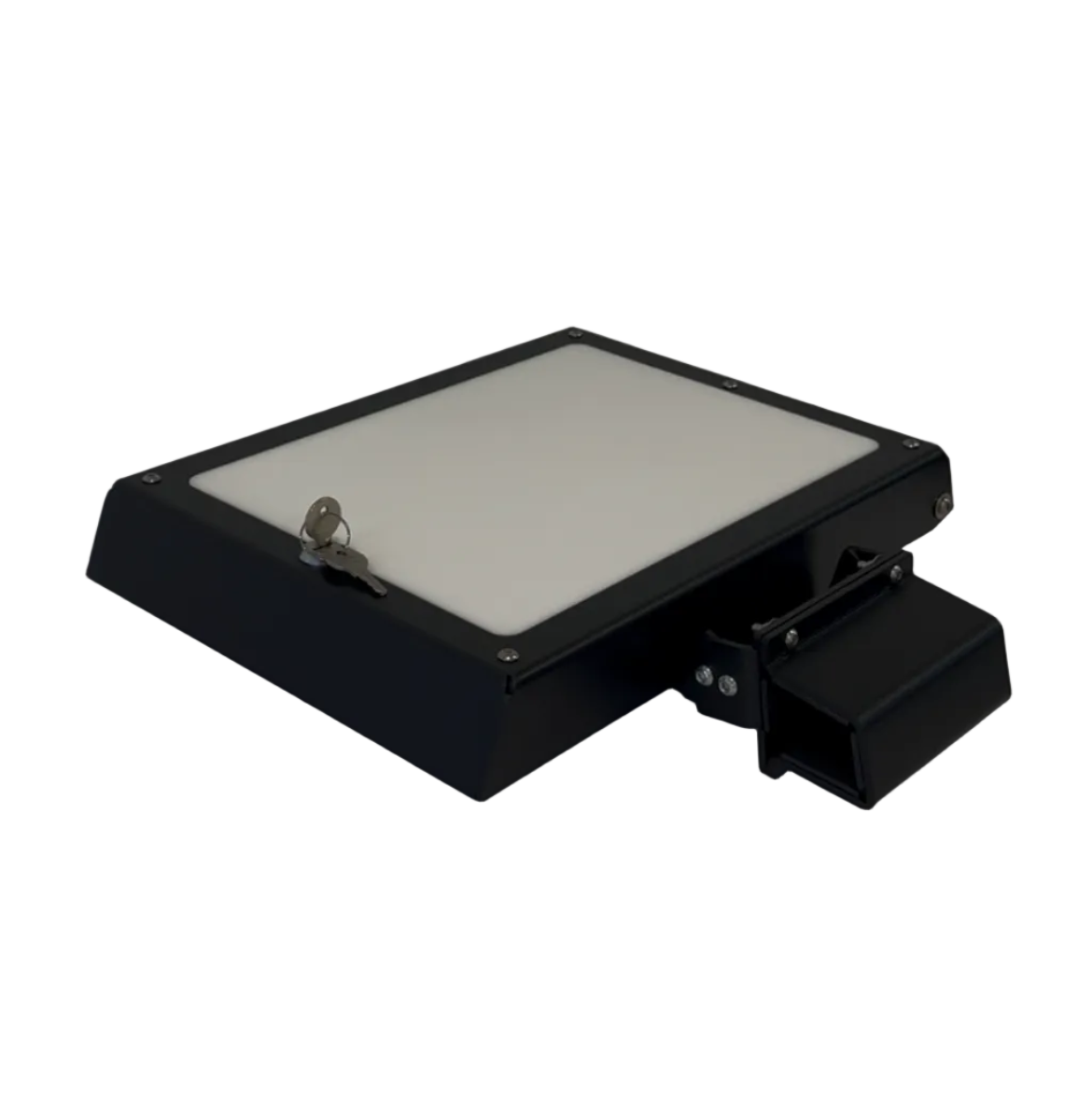 Angled view of the Ranger roof rail clamp fitted beside a lockable Starlink Mini enclosure