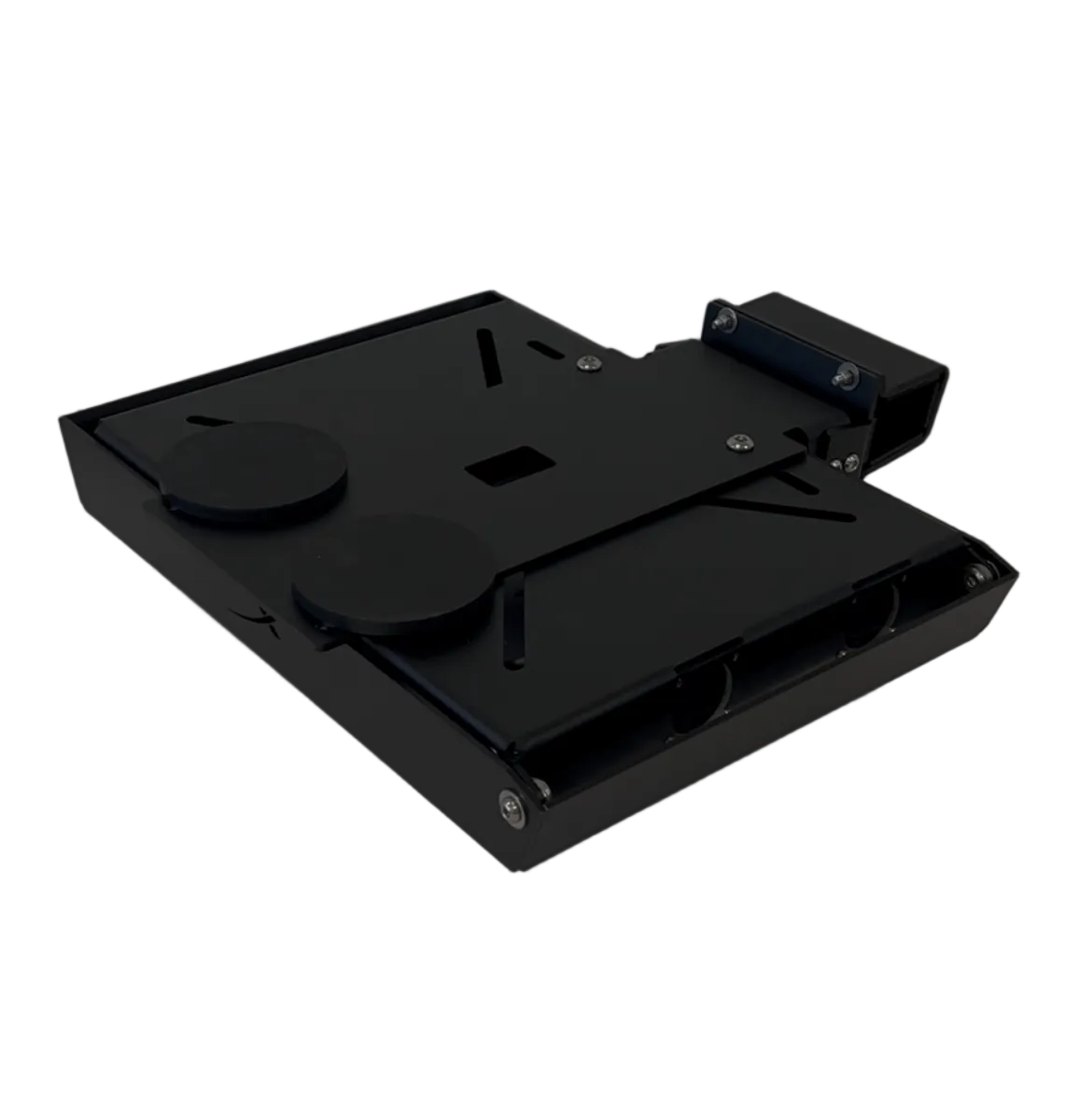 Underside of the Ranger clamp and Starlink Mini mount assembly, showing two round magnetic support feet
