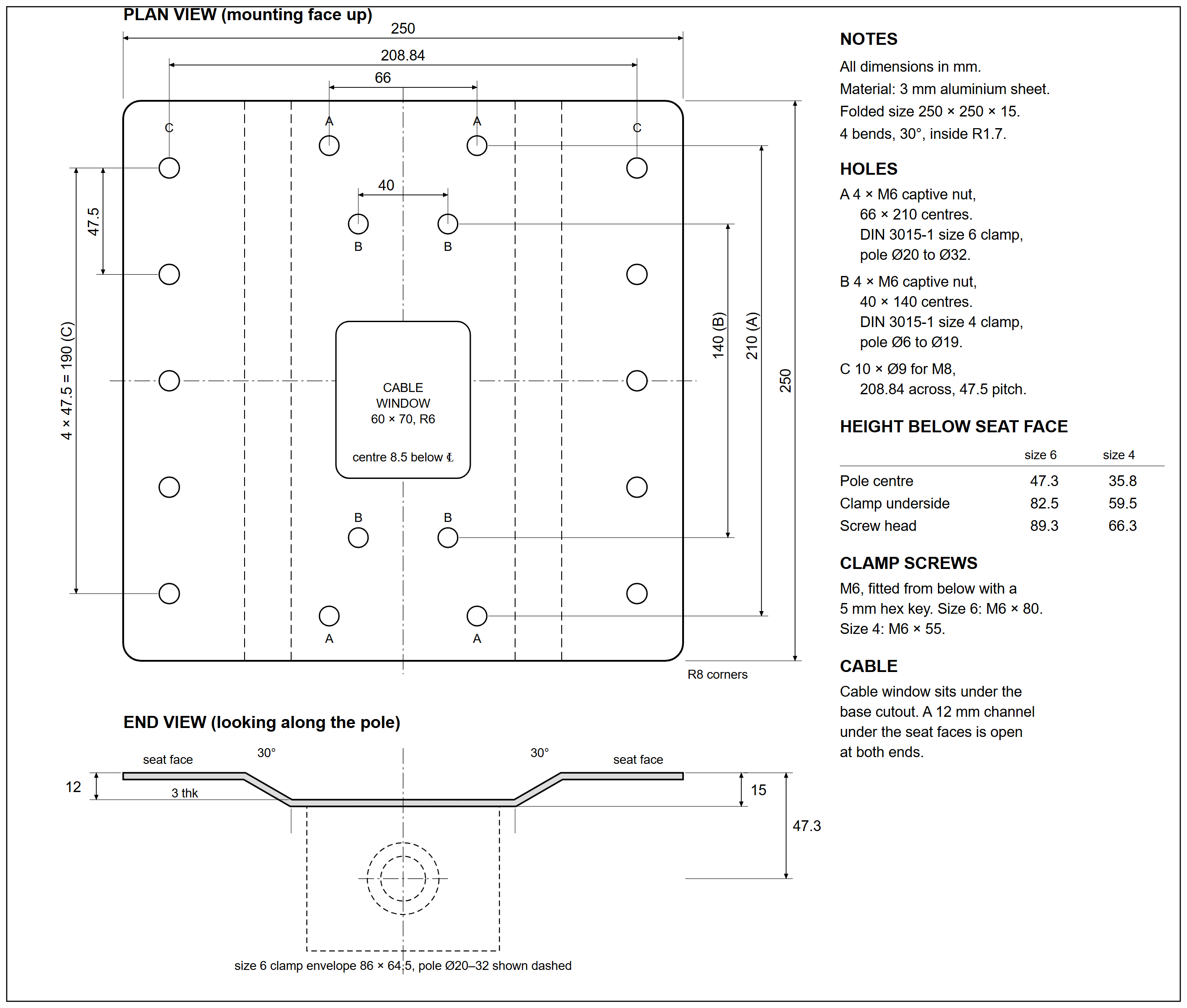 Dimension drawing: 250 x 250 mm adapter plate, plan and end views with hole positions, clamp sizes and heights below the seat face (all dimensions in mm)